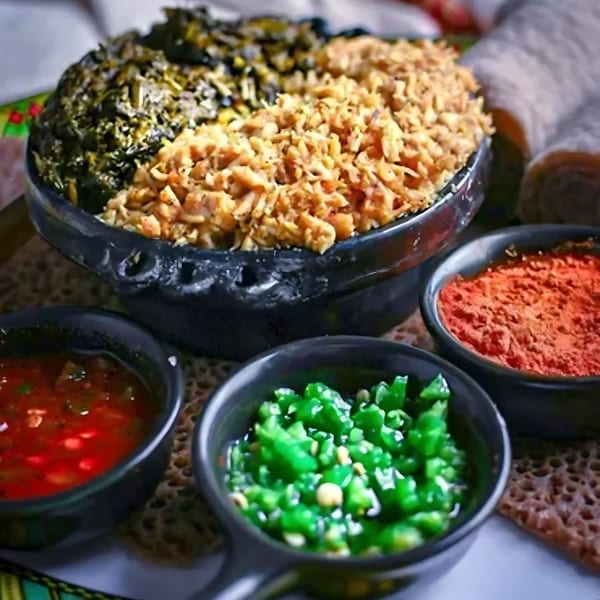 Ethiopian platter with collard greens, spiced chicken, red sauce, green peppers, and injera bread.